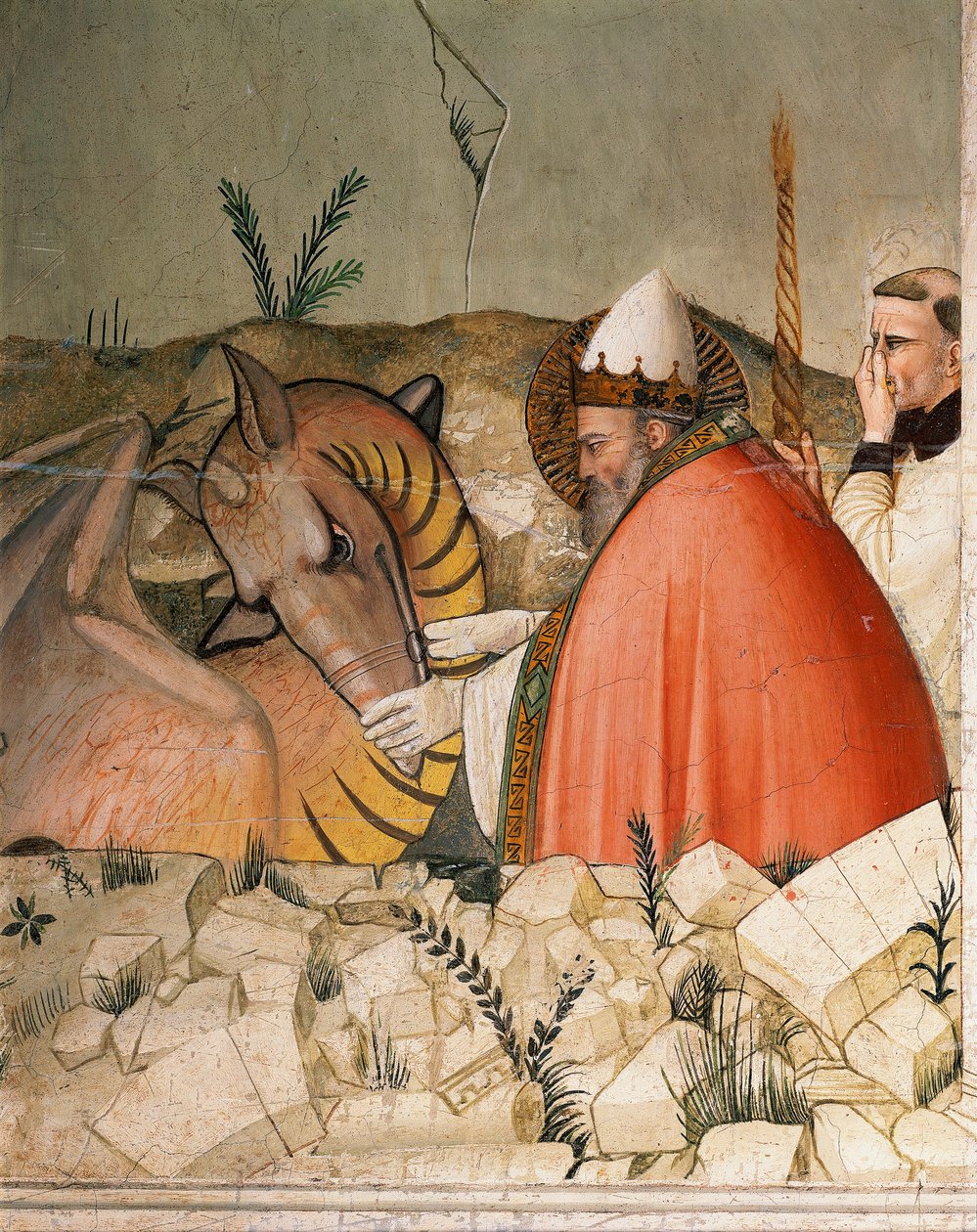 Episodit uudenvuodenaaton elämästä: Paavi Saint Sylvester I (Silvester tai Silvestro) (314-335) sulkee lohikäärmeen suun. Yksityiskohta. Maso di Bancon fresko (tunnetaan noin 1341-1346) 1300-luvun Firenze, Chiesa di Santa Croce, Cappella Bardi tekijältä Maso di Banco