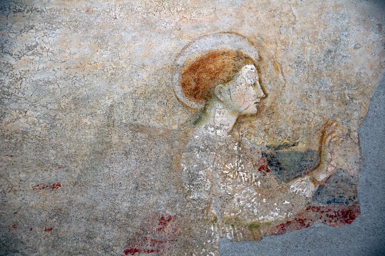 Masolino da Panicalen fresko Castiglionen kastekirkossa, yksityiskohta Marian ilmestys -kuvauksesta. tekijältä Masolino da Panicale