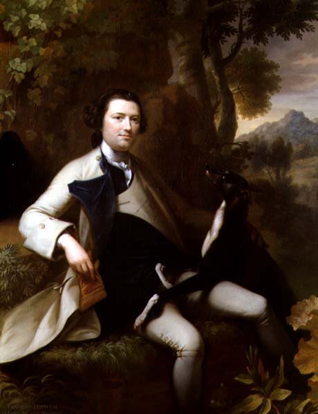 Francis Popham (k. 1780) istuu metsäisessä maisemassa vinttikoiransa kanssa (öljy kankaalle) tekijältä Mason Chamberlain