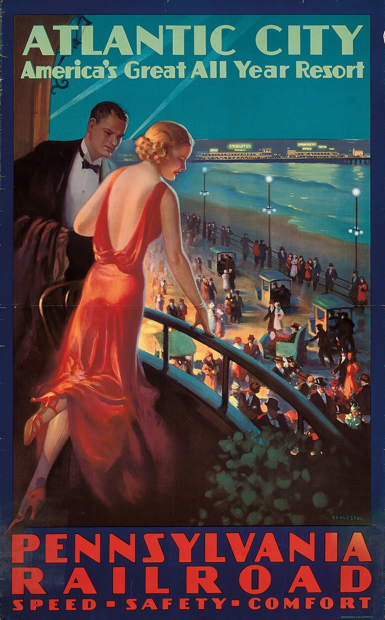 Mainosjuliste matkustaa Atlantic Cityyn Pennsylvania Railroadilla tekijältä Mason Edward Eggleston