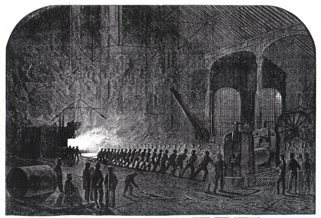 Prosessi panssarilevyjen pyörittämiseksi Hänen Majesteettinsa laivoille Alas Steelworksissa, Sheffieldissä, kuvitus "The Illustrated London Newsista", 14. syyskuuta 1861 tekijältä Mason Jackson