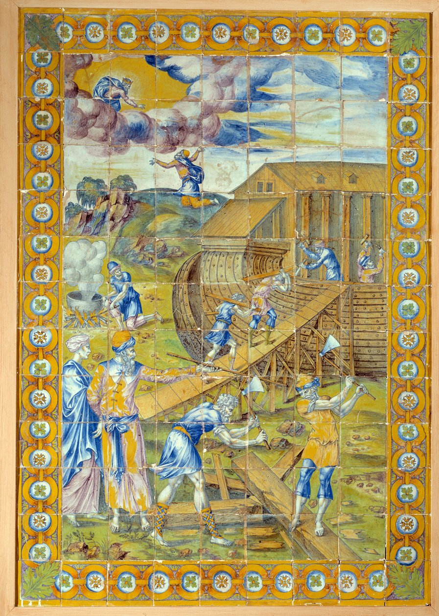 Noen arkin rakennus. Triptyykin vasen paneeli, joka edustaa kolmea vedenpaisumusjaksoa. Masseot Abaquesnen keramiikka (tunnetaan noin 1526-ennen 1564) tekijältä Masseot Abaquesne