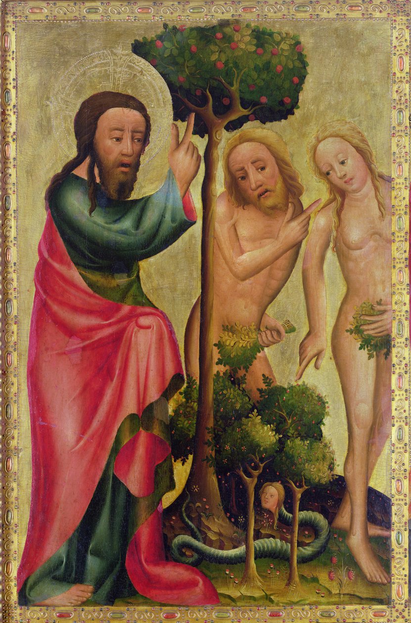 Isä Jumala rankaisee Aadamia ja Eevaa, yksityiskohta Grabow-alttaritaulusta, 1379-83 (tempera paneelissa) tekijältä Master Bertram of Minden