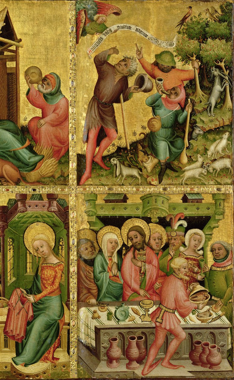 Ilmoitus paimenille ja häät Kaanassa, Buxtehuden alttarin oikeasta siivestä, 1400-10 (tempera tammen päällä) tekijältä Master Bertram of Minden
