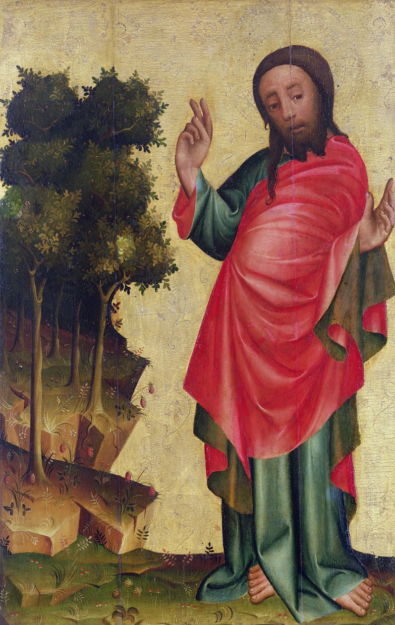 Kuivan maan ja kasvillisuuden luominen, yksityiskohta Grabow-alttaritaulusta, 1379-83 (tempera paneelissa) tekijältä Master Bertram of Minden