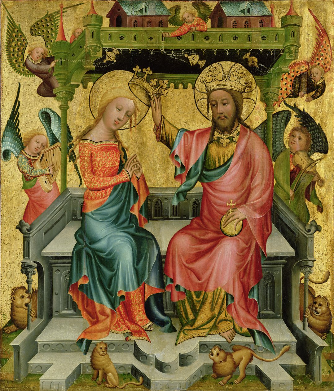 Neitsyen kruunaus, Buxtehuden alttarin oikeasta siivestä, 1400-10 (tempera paneelissa) tekijältä Master Bertram of Minden