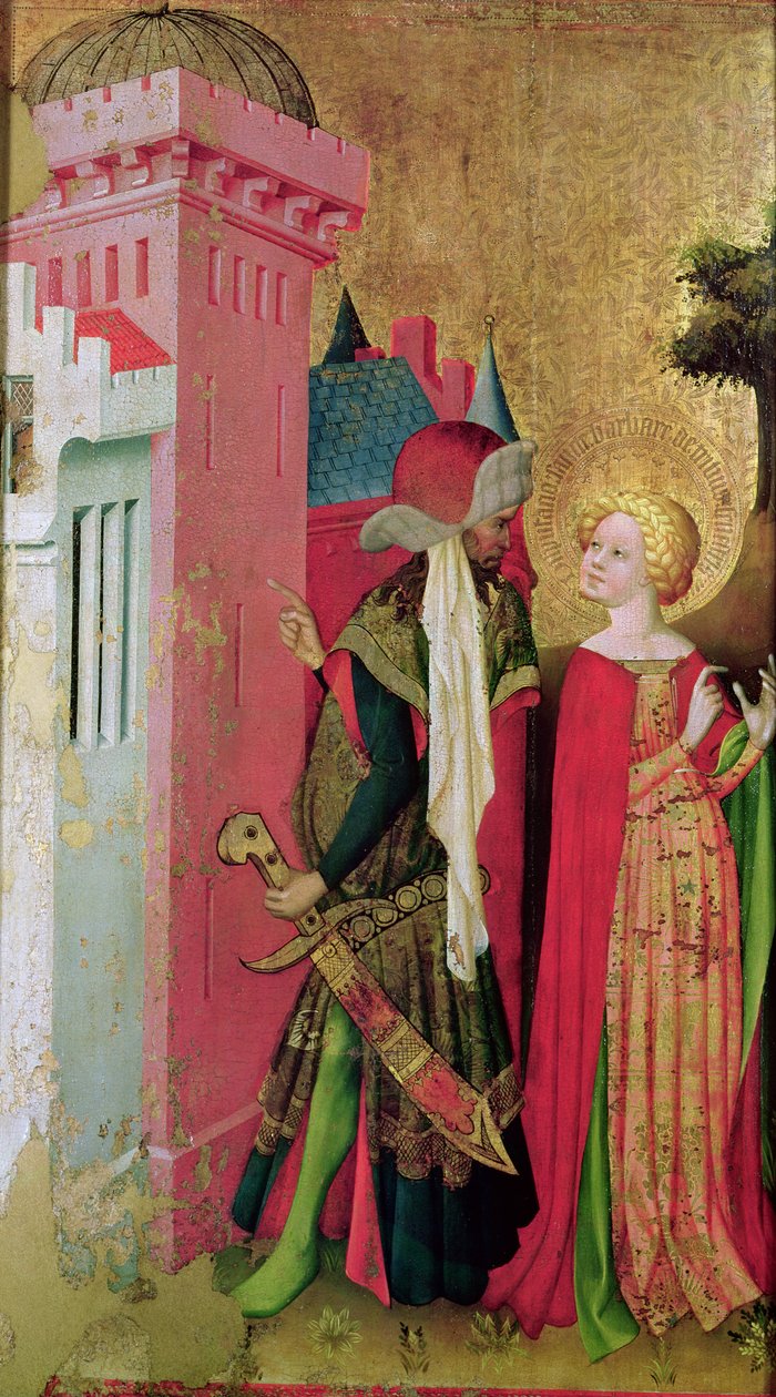Isänsä lukitsema Pyhä Barbara torniin, Pyhän Barbaran alttaritaulusta (tempera ja öljy paneelissa) tekijältä Master Francke