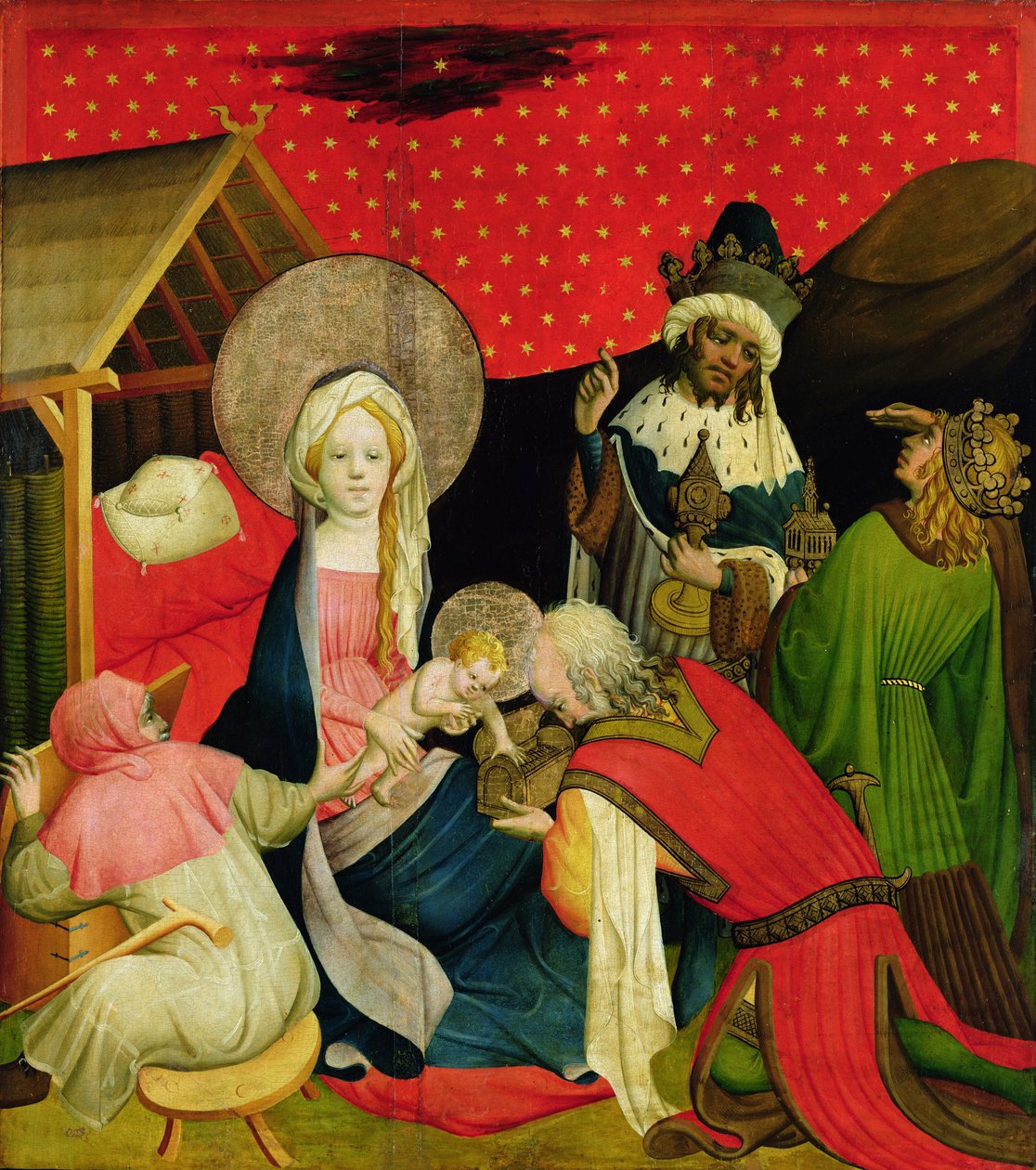 Adoration of the Magi, paneeli St. Thomasin alttarilta Hampurin Pyhän Johanneksen kirkosta, alkoi 1424 (tempera ja öljy paneelissa) tekijältä Master Francke