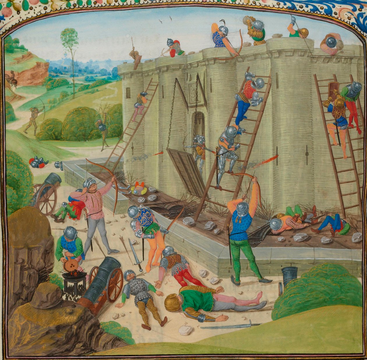 Les plus anciennes représentations connues du château illustrent le siège de Brest par le duc de Lancastre en 1386. tekijältä Master of Anthony of Burgundy