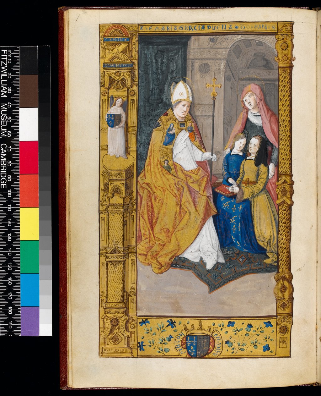 Ms 159, fol 2v Anne of Bretagne, joka esitettiin St Claudelle, teoksesta "The Primer of Claude de France" (muste ja kultamuste pergamentilla) tekijältä Master of Antoine de Roche