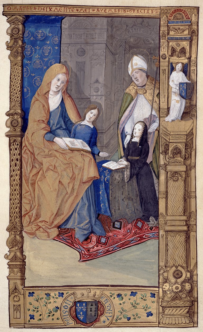 Ms.159.p14 St. Claude esittelee polvistuvan tytön St. Annelle ja Neitsyelle, The Primer of Claude de France, n. 1500-10 (muste ja kultamuste pergamentille) tekijältä Master of Antoine de Roche