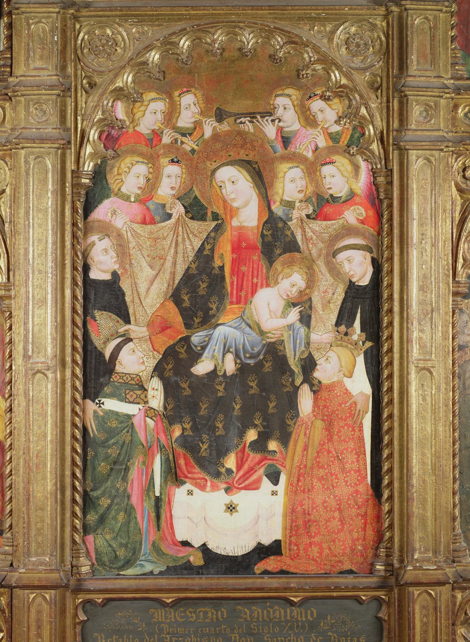 Alttaritaulu, jossa Neitsyt ja lapsi sekä enkelit, dominikaanipyhimykset ja kaksi lahjoittajaa. tekijältä Master of Archbishop Don Sancho Rojas