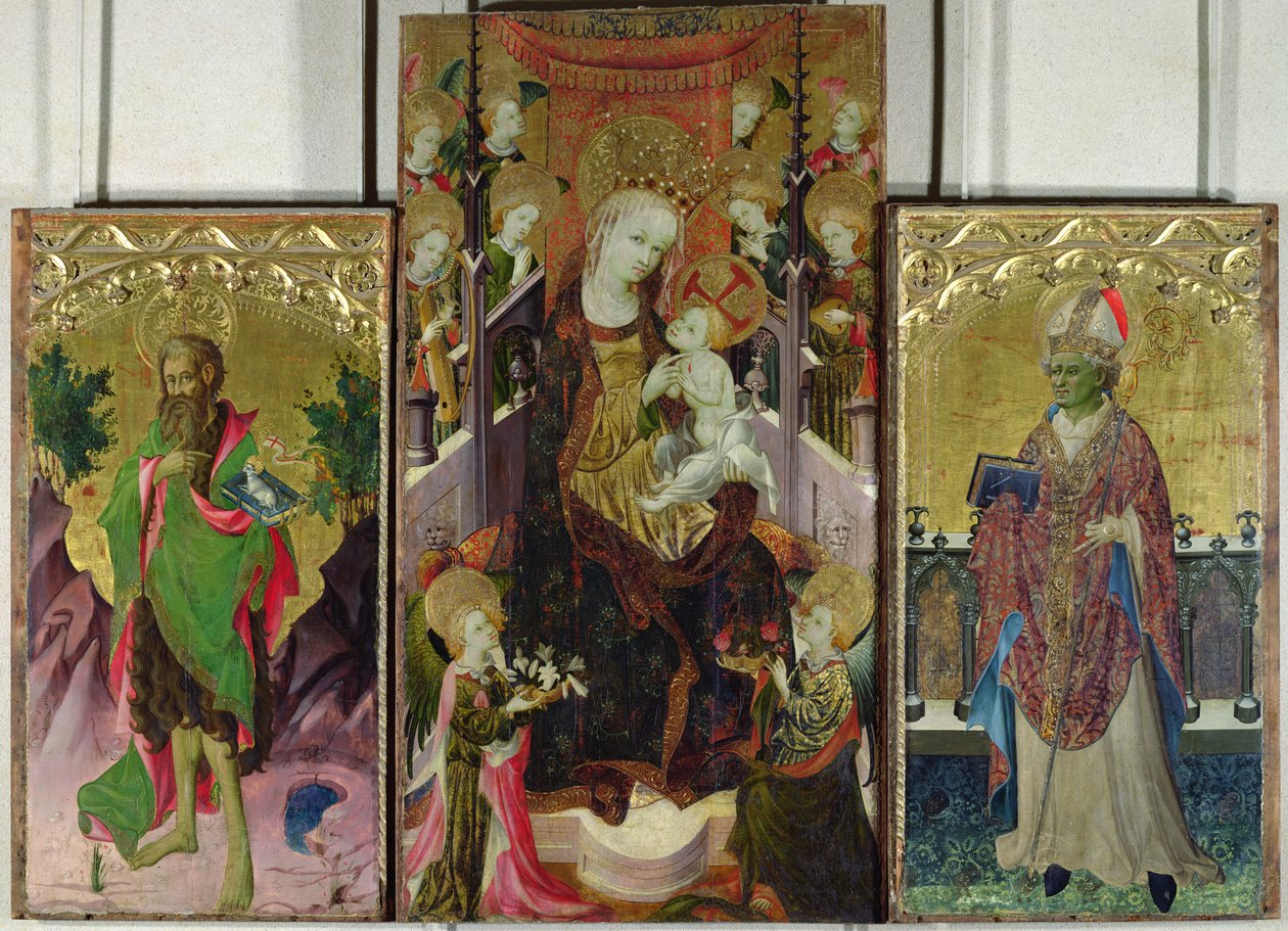 Madonna ja lapsi valtaistuimelle enkeleiden ympäröimänä Pyhän Johannes Kastajan ja Pyhän Ambroseuksen kanssa, 1400-30 (katso yksityiskohdat 95111) tekijältä Master of Burgo de Osma