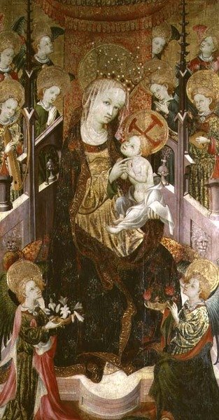 Madonna ja lapsi istuu enkelien ympäröimänä, triptyykin keskipaneeli, 1400-30 (katso myös 232817) tekijältä Master of Burgo de Osma