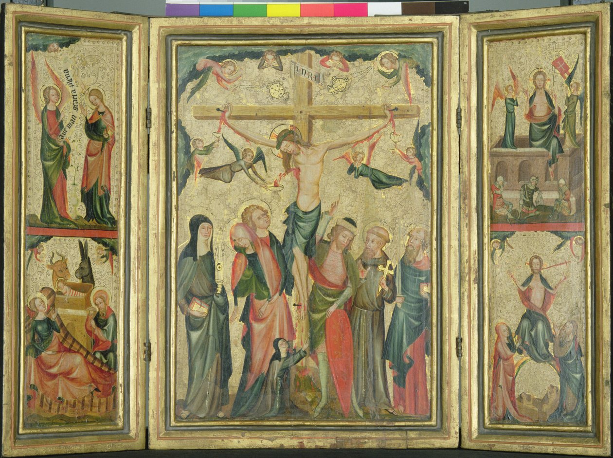 Triptyykki, joka kuvaa Kristuksen ristiinnaulitsemista, n. 1350 (tempera ja kultalehti taulussa) (katso myös 150814) tekijältä Master of Cologne