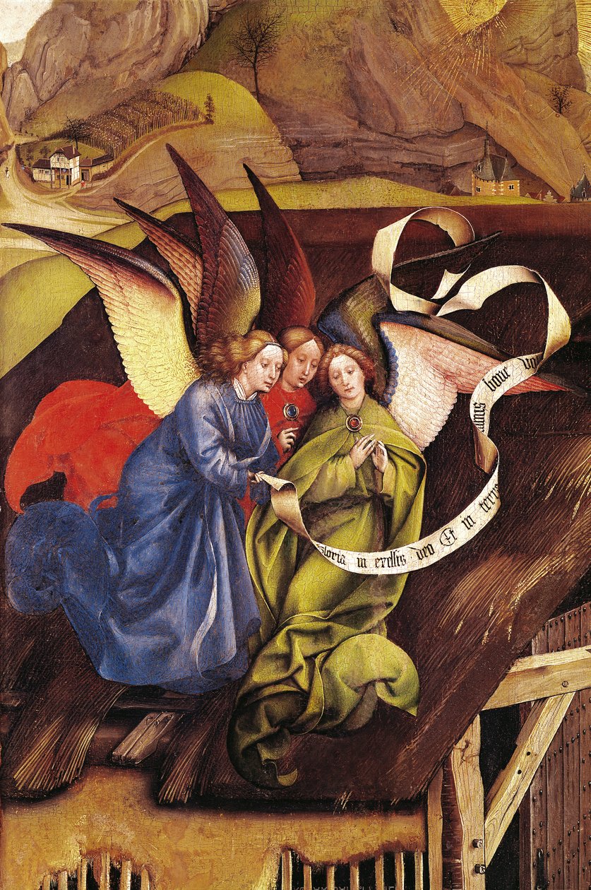 Syntymä, yksityiskohta kolmesta enkelistä, n. 1425 (yksityiskohta 128673) tekijältä Master of Flémalle