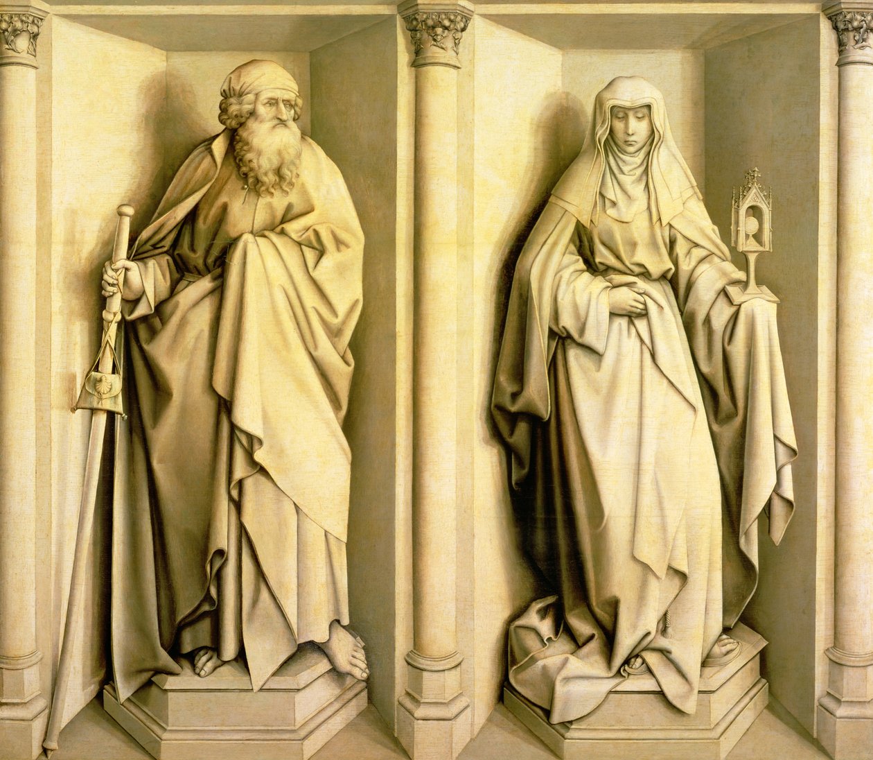 St. James the Great ja St. Clare, predella-paneeli The Nuptials of the Virginista (katso pääpaneeli osoitteesta 53825) tekijältä Master of Flémalle