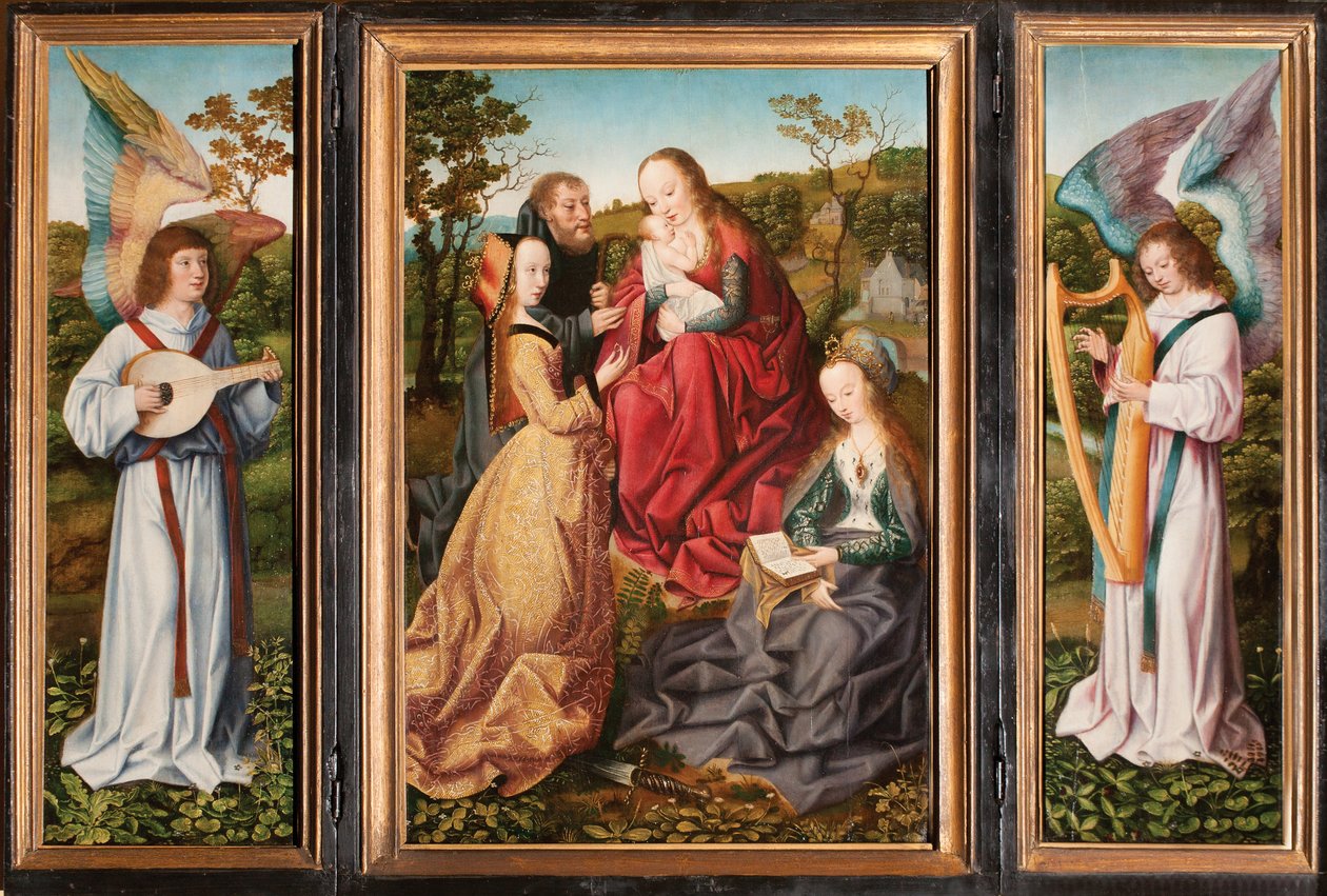 Pyhän Katariinan mystinen avioliitto pyhien ja enkelien kanssa, n. 1500-10 tekijältä Master of Frankfurt
