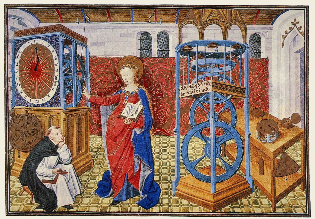 Viisaus (Sapieence) opettaa kirjailijalle raittiuden käskyjä, Henri Suson Horologium Sapientiaesta, n. 1455 tekijältä Master of Jean Rolin II