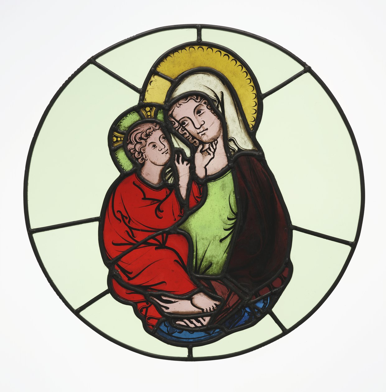 Neitsyt ja lapsi, n. 1335 (tuli metallia, väritöntä lasia, oksidimaalia, hopeaa ja lyijyä) tekijältä Master of Klosterneuburg