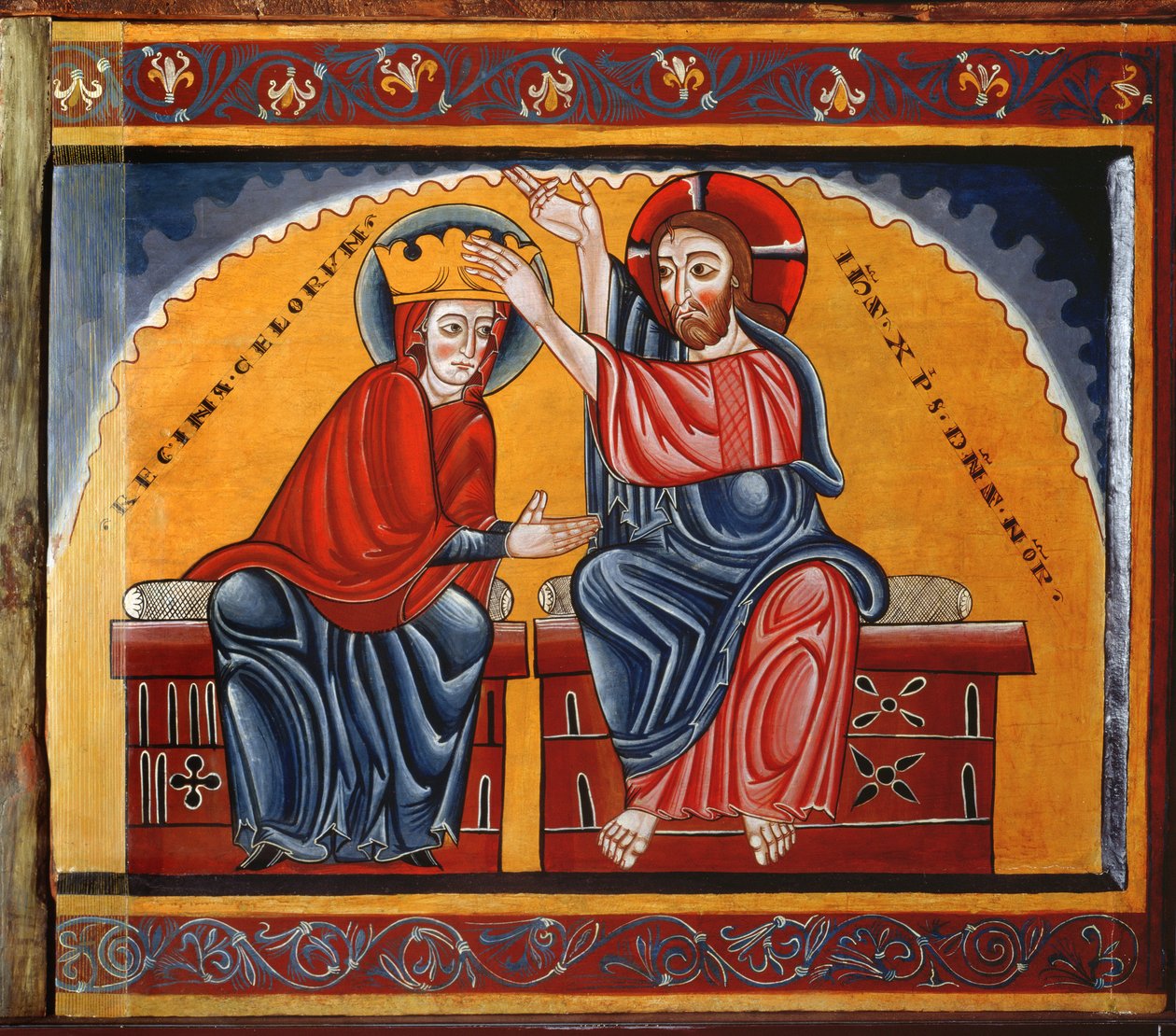 Neitsyen kruunaus (tempera paneelissa) tekijältä Master of Lluca