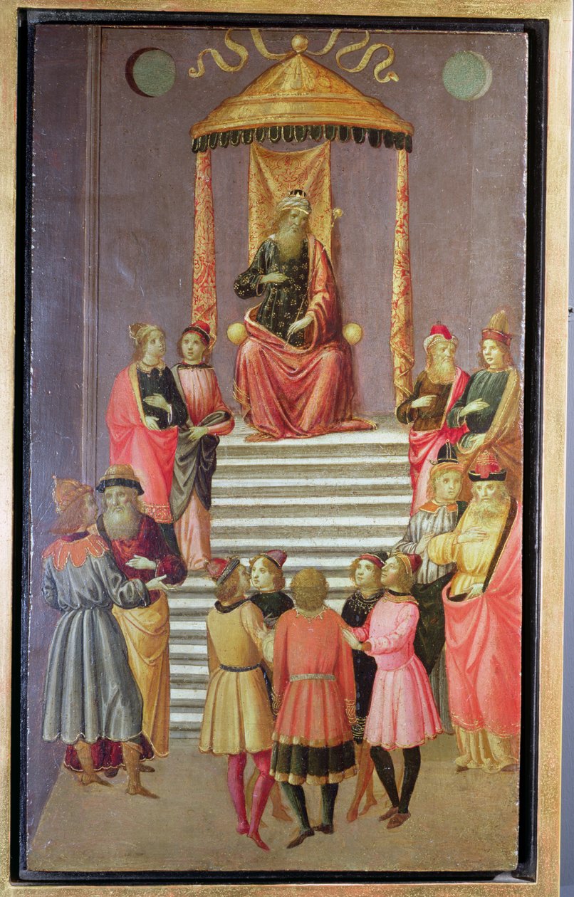 Nebukadnessar kyselee Danielia ja hänen seuralaisiaan (tempera paneelissa) tekijältä Master of Marradi