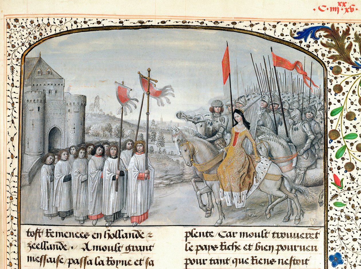 Ms 659 f.195. Ranskan kuningatar Isabella (1292-1358) ja hänen poikansa Edward III (1312-77) toivotetaan tervetulleeksi Oxfordiin vuosina 1326, 1477 tekijältä Master of Mary of Burgundy