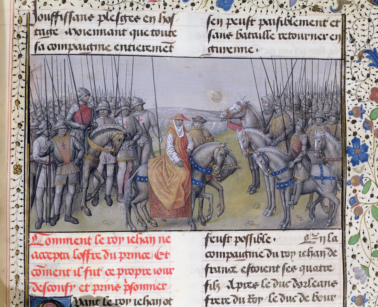 Ms 659 f.267 r. Johannes II Hyvä joutui englantilaisten vangiksi Poitiersin taistelussa vuonna 1356 tekijältä Master of Mary of Burgundy