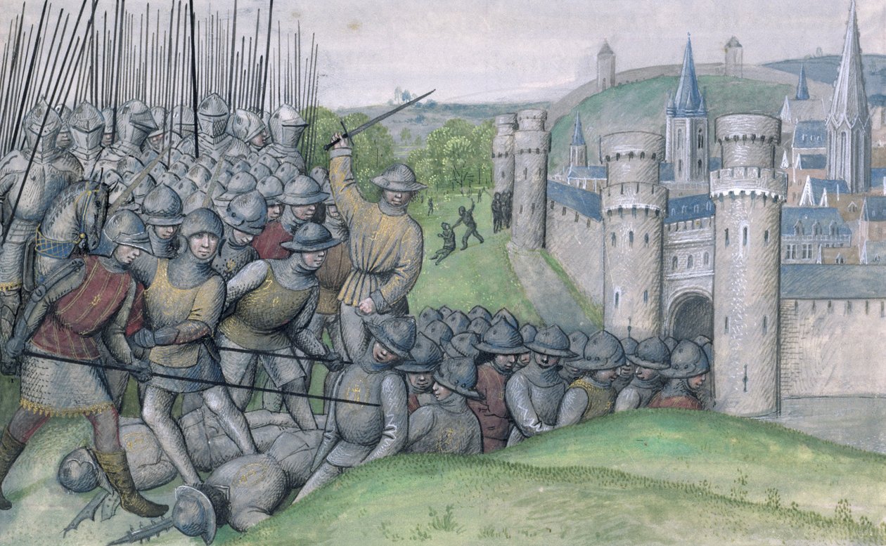 Ms 659 f.282r Louis, Flanderin kreivi ja Bruggen kaupunki, voittivat Filips van Artefelde ja Gentin kansa Bevenhoutsveldin taistelussa vuonna 1382, 1477 tekijältä Master of Mary of Burgundy