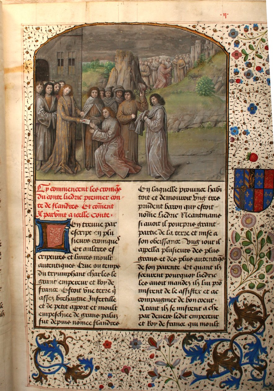 Ms 659 fol.2r Kaarle Suuri nimeää Flanderin ensimmäisen kreivin, 1477 tekijältä Master of Mary of Burgundy