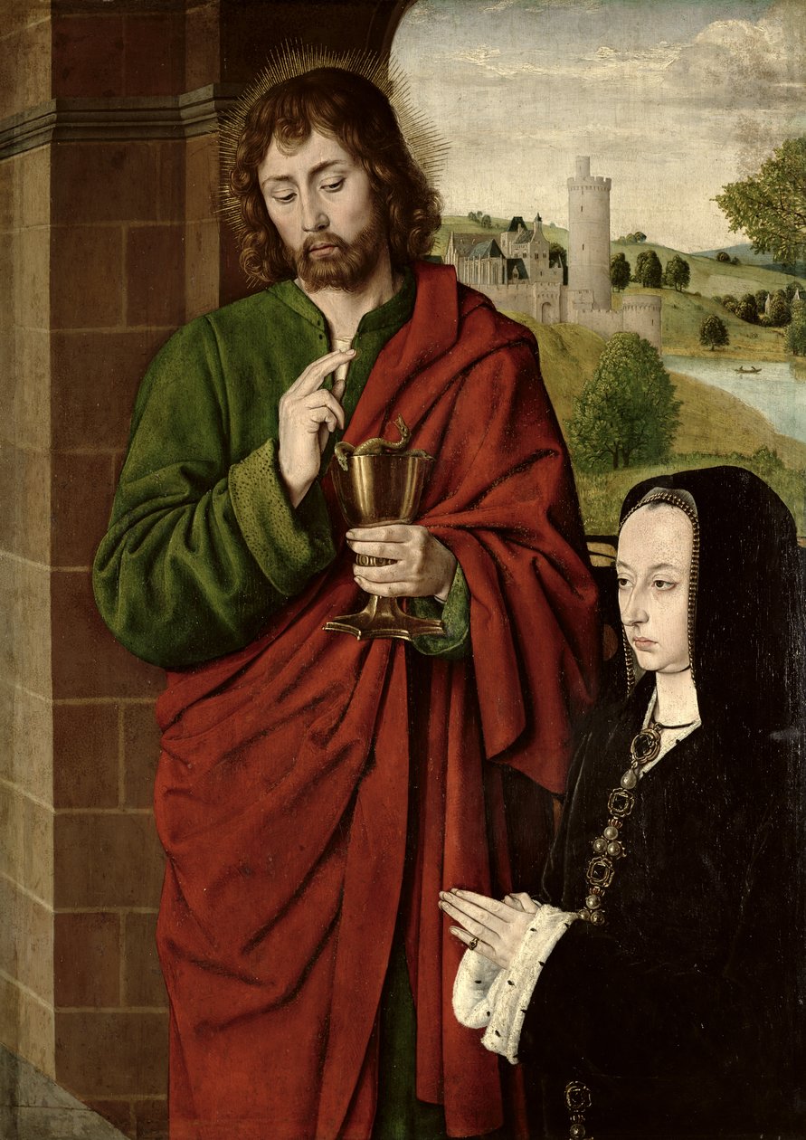 Anne of France (1462-1522) Beaujeun rouva, Bourbonin herttuatar, evankelista Pyhän Johannes, triptyykin oikea siipi, n. 1492-1493 (paneeli paneelissa) tekijältä Master of Moulins