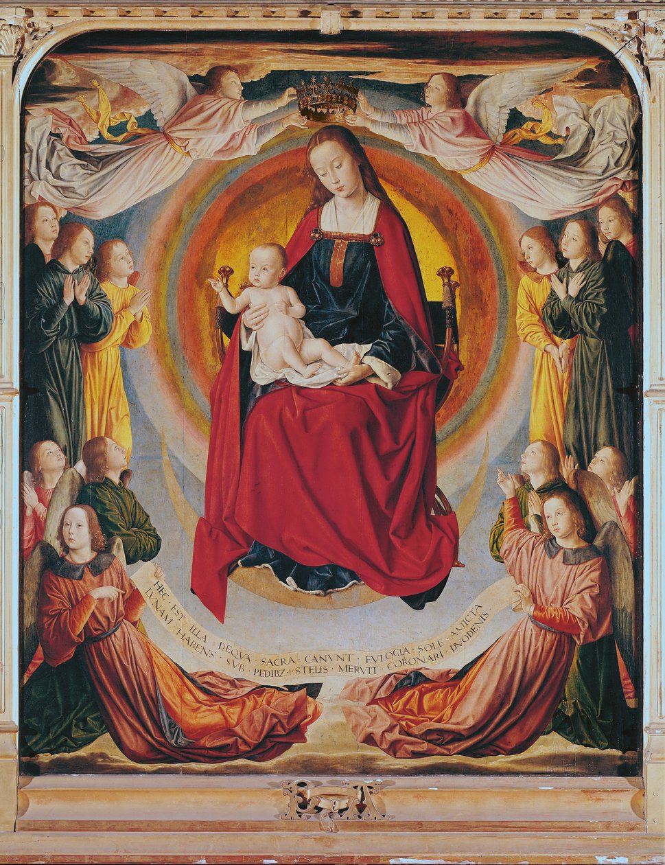 Neitsyen kruunaus, keskipaneeli Bourbon-alttaritaulusta, n. 1498 tekijältä Master of Moulins