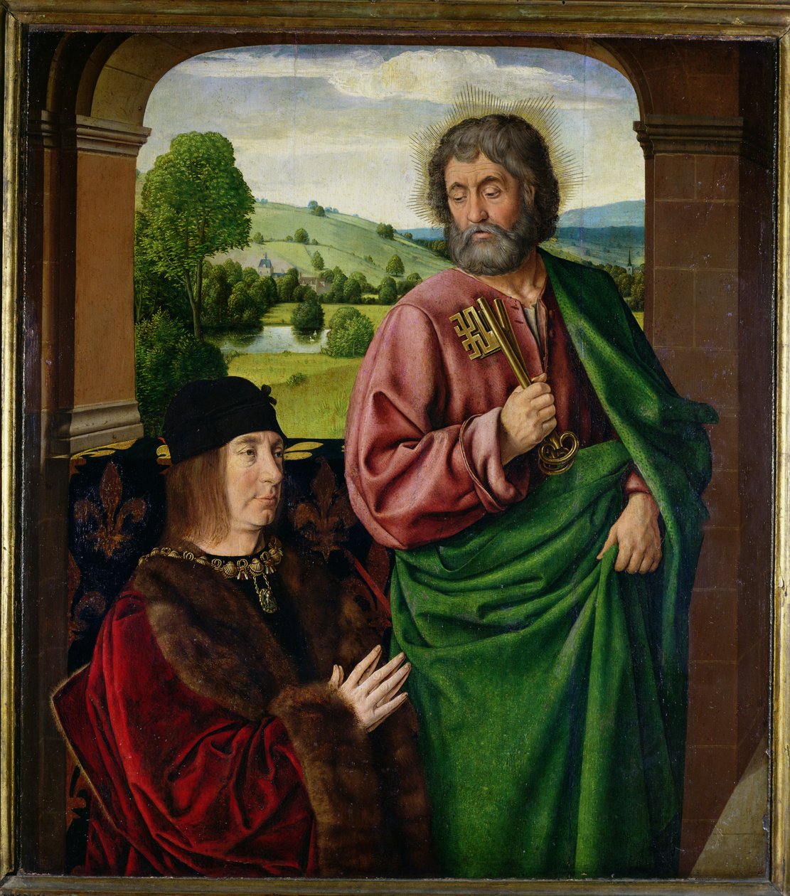 Pietari II (1439-1503) Pyhän Pietarin esittämä Bourbonin herttua, triptyykin vasen siipi, n. 1492-1493 tekijältä Master of Moulins