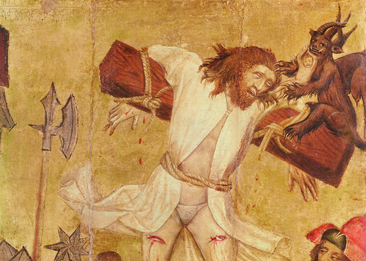 Ristiinnaulitseminen, n. 1420 (yksityiskohta) (tempera puulla) tekijältä Master of Raigern