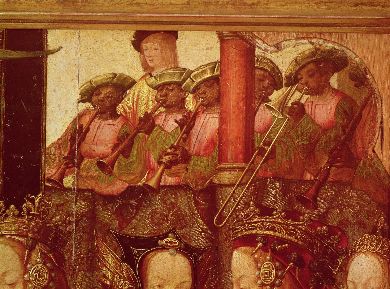 Pyhän Ursulan ja prinssi Etheriuksen kihla, yksityiskohta mustista muusikoista, n. 1520 tekijältä Master of Saint Auta