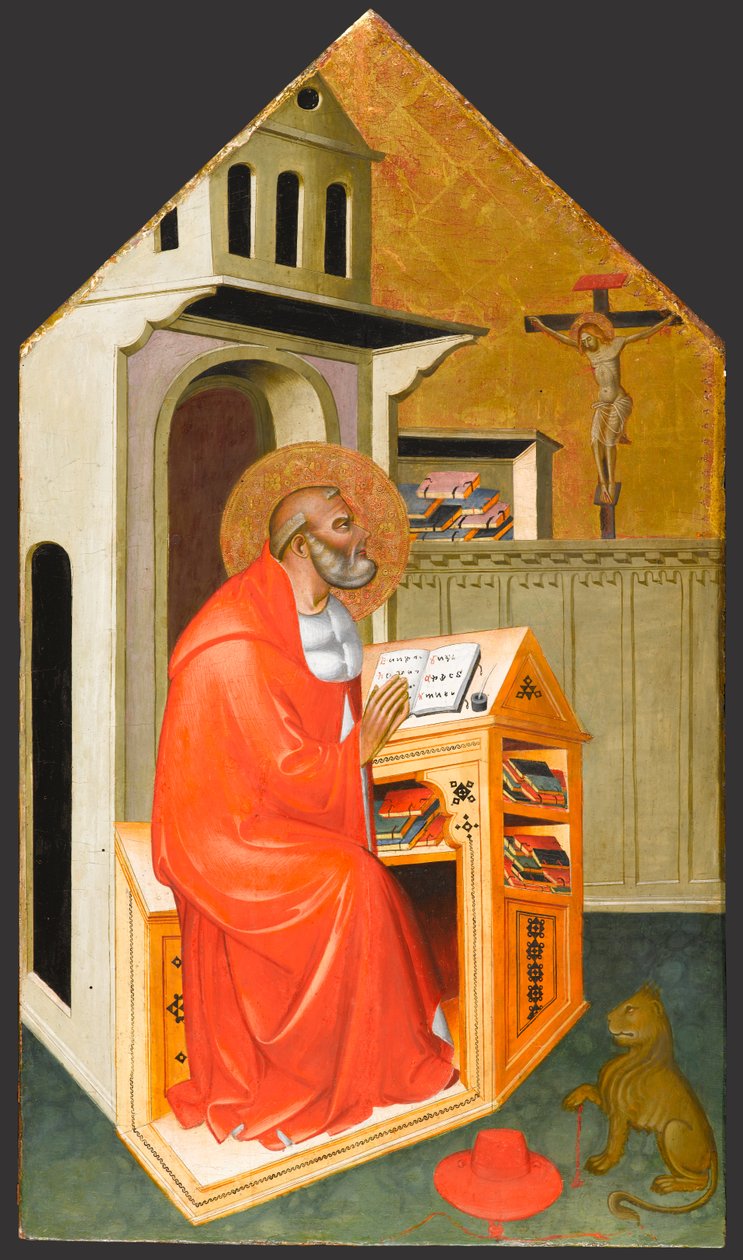 Pyhä Hieronymus tutkistelussaan, n. 1390-1400 tekijältä Master of San Jacopo a Mucciana