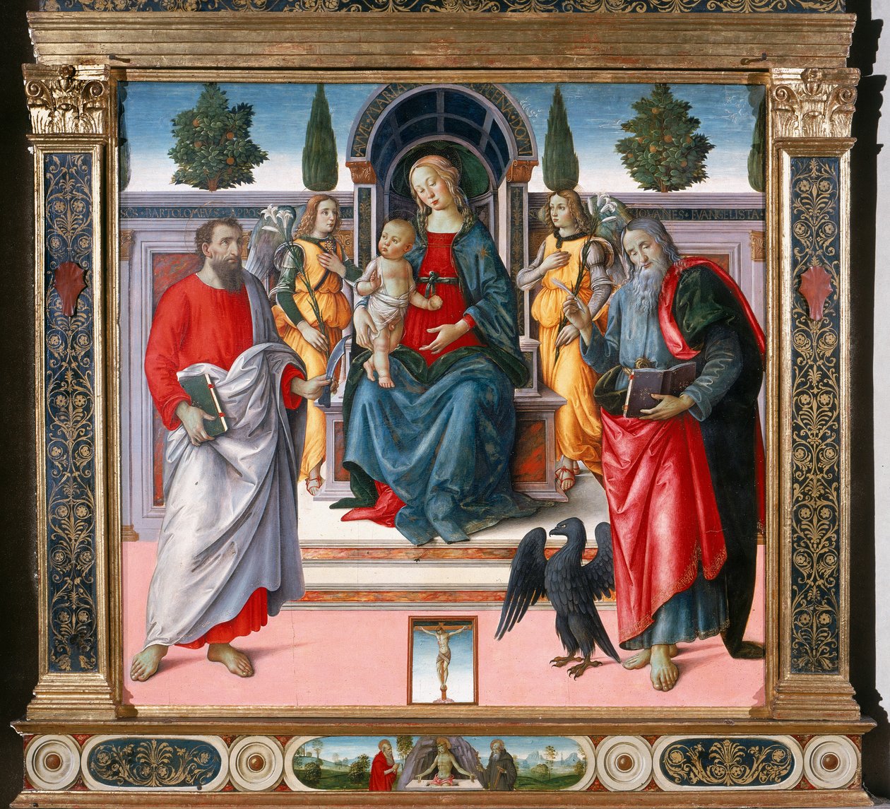 Madonna ja lapsi valtaistuimella, kaksi enkeliä, Pyhä Bartolomeus ja evankelista Johannes. tekijältä Master of Santo Spirito Master of Santo Spirito