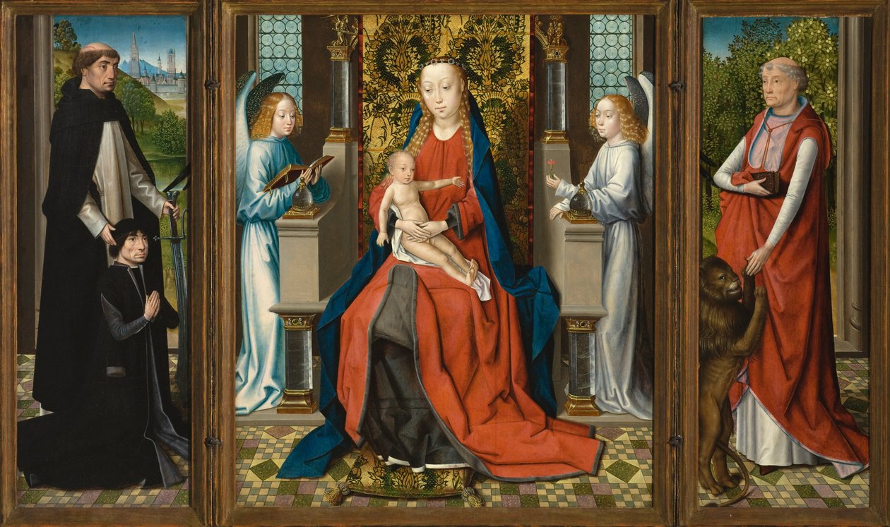 Kolmiosainen Madonna ja lapsi enkelien kanssa; Lahjoittaja ja hänen suojeluspyhimyksensä Pietari Marttyyri; ja pyhä Jerome tekijältä Master of The Legend of St. Lucy