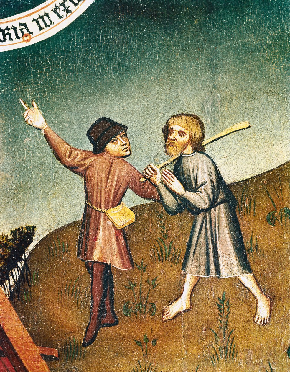 Tiedien palvonta, yksityiskohta paimenten ilmestyksestä, n. 1440 tekijältä Master of Zlate Moravce