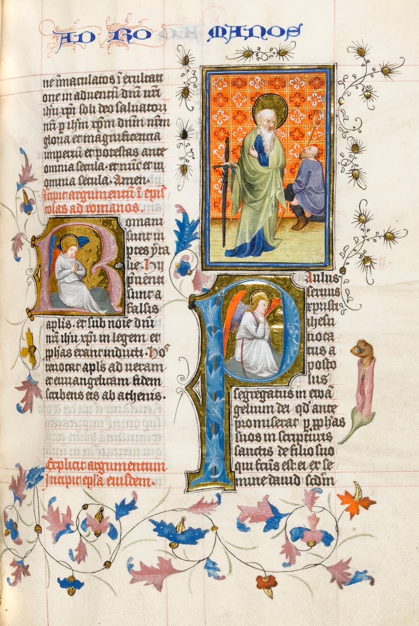 MS 289.III f.259r Pyhä Paavali miekka kädessään katselee polvistuvaa sanansaattajaa, jolla on keihäs. tekijältä Master of Zweder van Culemborg