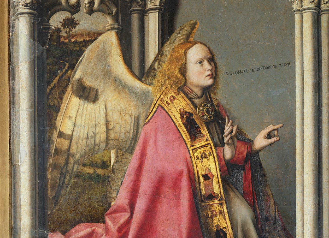Enkeli, Gabriel, ilmoittamassa Neitsyt Marialle, n. 1445 (yksityiskohta 26541) tekijältä Master of the Aix Annunciation