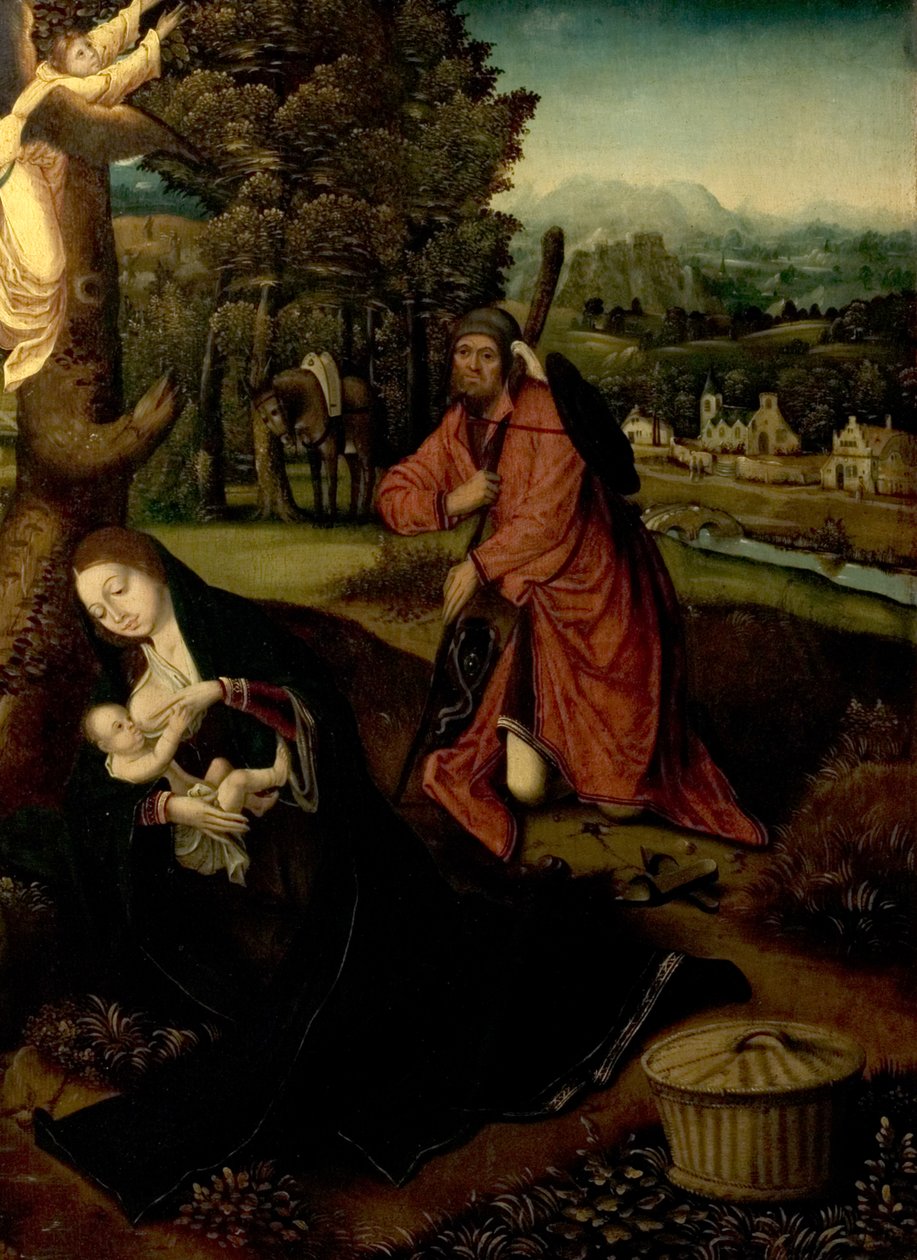Lepo Egyptin lennossa (Neitsyt, lapsi ja Pyhä Joosef maisemassa) tekijältä Master of the Antwerp Adoration