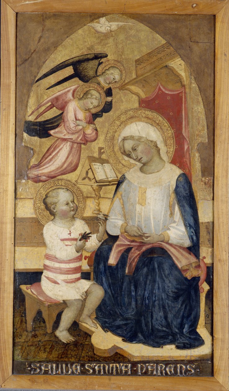 Maria Jeesuksen ja kahden enkelin kanssa, n. 1425 (tempera puulla) tekijältä Master of the Bambino Vispo