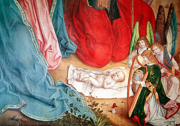 Yksityiskohta Paimenten palvonnasta, äärimmäisenä vasemmalla paneeli korkealta alttarilla olevasta retablista, 1480 tekijältä Master of the Carnation