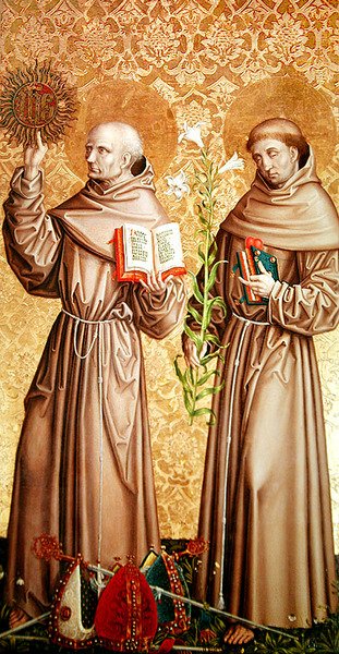 Pyhä Bernardino Siena ja Pyhä Anthony Padovalainen, oikea paneeli korkealta alttarin retablista, 1480 tekijältä Master of the Carnation