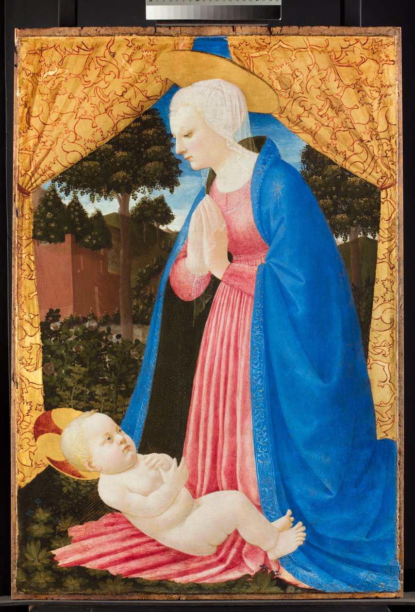 Neitsyt jumaloimassa lasta, 1400-luvun loppu (tempera öljylasituksella ja kullalla paneelissa) tekijältä Master of the Castello Nativity