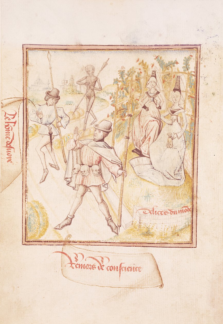 Ms 410 fol.24v Mies joutui harhaan ajatellen toisiaan ja maailman ilot, julkaisusta "Le Miroir de la Mort", n. 1460 tekijältä Master of the Champion des Dames