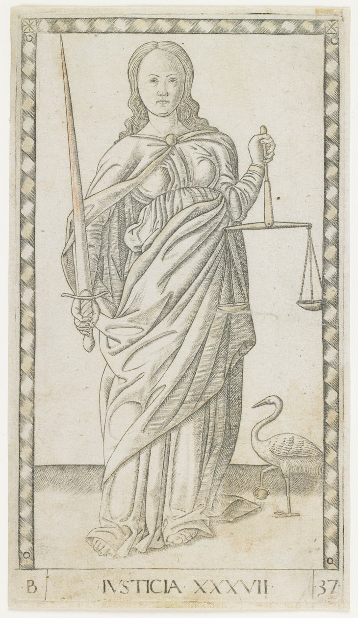 Justice, n. 1465 (kullalla korotettu kaiverrus) tekijältä Master of the E Series Tarocchi Master of the E Series Tarocchi