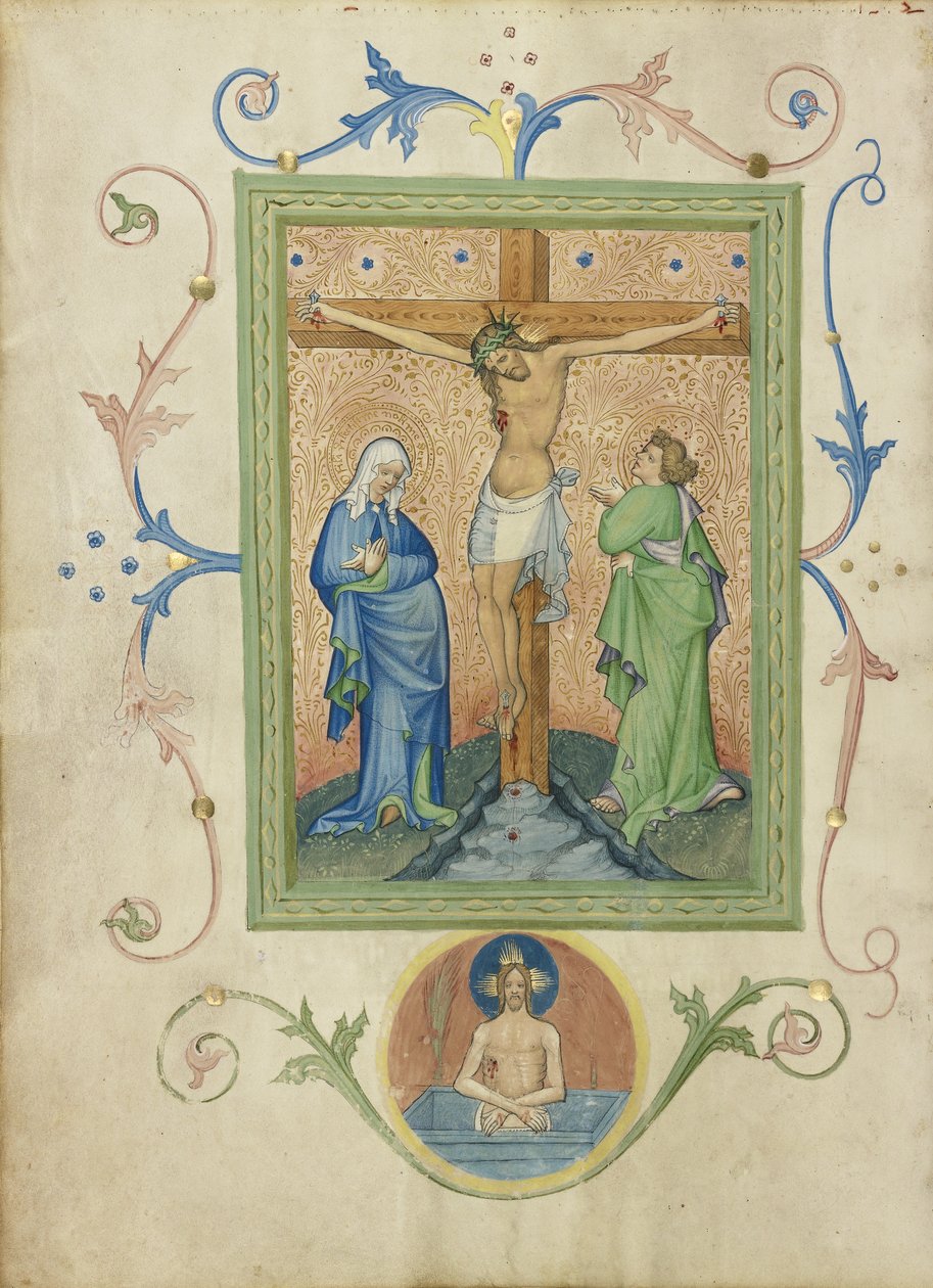 Ristiinnaulitseminen Collegium Ducalen messaalista, n. 1420-1430 (temperavärit, lehtikulta ja muste pergamentissa) tekijältä Master of the Kremnitz Stadtbuch