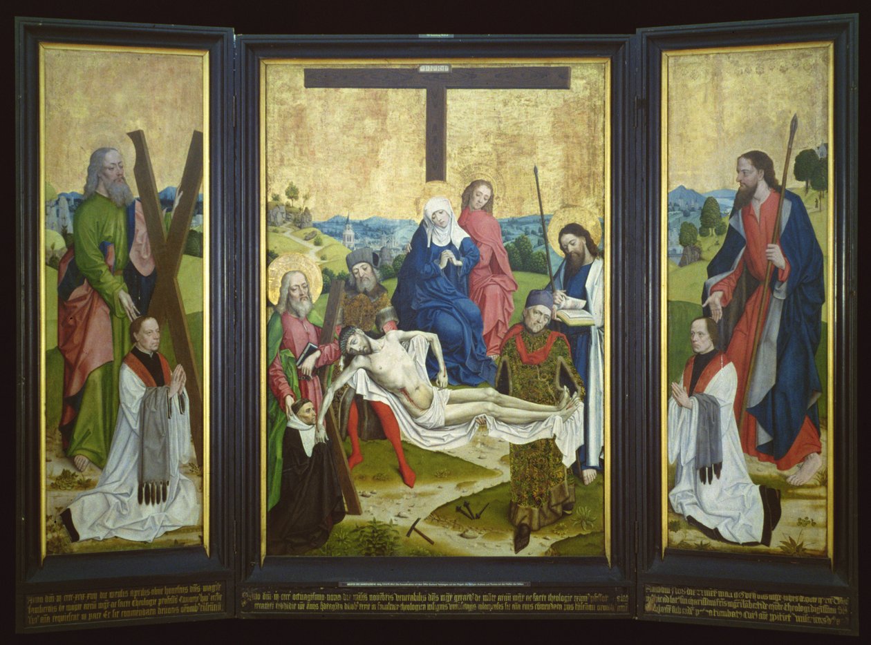 Alttaritaulu, jossa pieta ja lahjoittajat keskipaneelissa; St. Andrew ja St. John sivupaneelissa, n. 1480-1490 (tammi) tekijältä Master of the Life of Virgin Mary